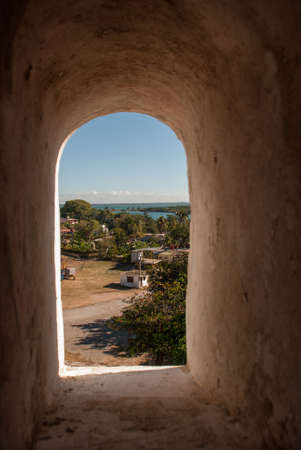 Panorama view from the window. Fortress Fortaleza de Jagua. Castillo de Jaguar. Old Fort South of Cienfuegos in Cuba.の写真素材