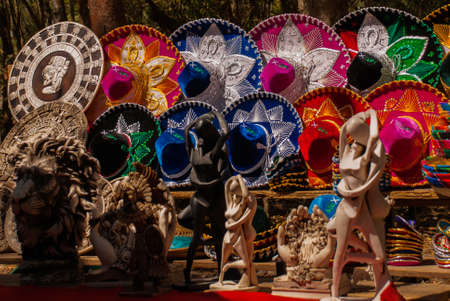 Traditional colorful Mexican sombrero hats, Souvenirs are sold to tourists on the market. Mexico.の写真素材
