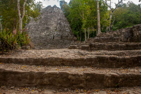 One of impressive stone pyramids in Coba, ruins of ancient Mayan city in Yucatan, Mexico.の写真素材