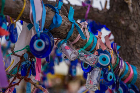 Turkish souvenir tree, Cappadocia, Turkey. Traditional blue evil eyes. Tree hanging Nazar amulets, a special eye-shaped objects that protect against the evil eyeの写真素材
