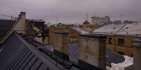 Riga, Latvia: View of Riga from the observation deck. Beautiful Top view of the city in autumn in cloudy weather. Riga city historical centre.の写真素材
