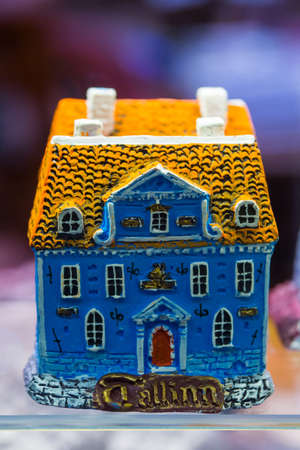 Colorful houses. View of traditional Tallinn Souvenirs miniature toys of the old town in the souvenir shop of the Old town, Estonia, Tallinn. Marketの写真素材