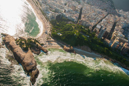 Aerial view of famous Copacabana Beach and Ipanema beach in Rio de Janeiro, Brazil. Beautiful top view of the sea and the beach.の写真素材