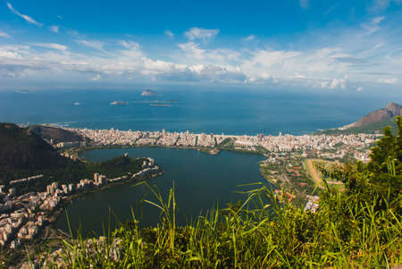 Panorama of Rio de Janeiro seen from Corcovado mountain in Rio de Janeiro, Brazil, America