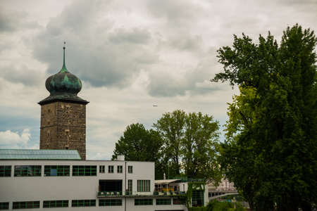 View to the Shatkovskaya water tower and street in Prague, Czech Republic