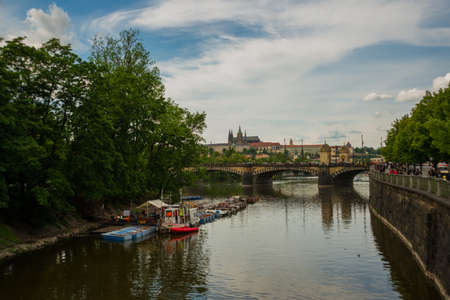 View of the Cathedral of St. Vitus, the Vltava River, Prague, Czech Republic.の写真素材