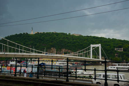 Budapest, Hungary, Europe: Buda and Pest connected by Erzsebet hid or Elisabeth Bridge in the evening. Editorial Image of Budapest viewの写真素材