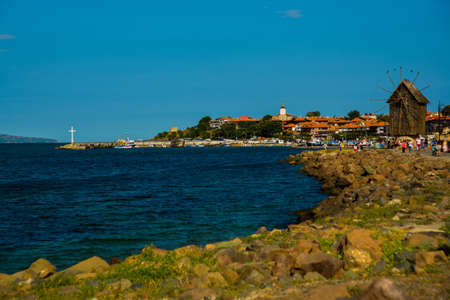 NESSEBAR, BULGARIA: Beautiful Black Sea with a view of the old town of Nessebar, Bulgariaの写真素材