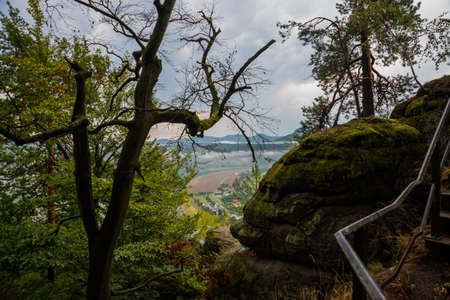 National park Saxon Switzerland, Germany: View from viewpoint of Bastei in Saxon Switzerland, National park Saxon Switzerland. Germany, Kurort Rathen near Dresdenの写真素材