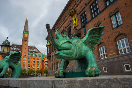 COPENHAGEN, DENMARK: Bronze dragon statue in front of the Copenhagen City Hall, Denmark, Europe