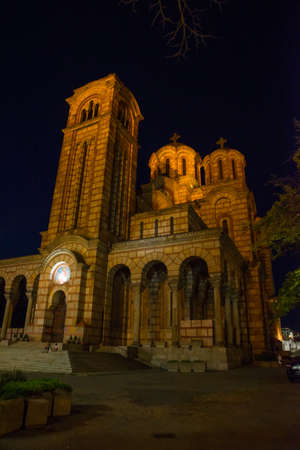Belgrade, Serbia: Beautiful St. Mark's Church in the background, Tasmajdan Park, Belgrade Serbia. Night landscape.の写真素材