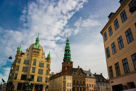COPENHAGEN, DENMARK: Beautiful View of the landmark green spire of the former St. Nicholas Church, now Nikolaj Contemporary Art Center in Copenhagen. Nikolaj Kunsthalの写真素材