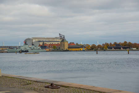 COPENHAGEN, DENMARK: Beautiful panoramic view from the waterfront to the buildings, boats and the...