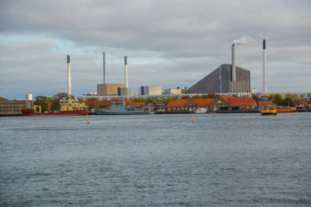 COPENHAGEN, DENMARK: Beautiful panoramic view from the waterfront to the buildings, boats and the river. Copenhagen, Denmarkの写真素材