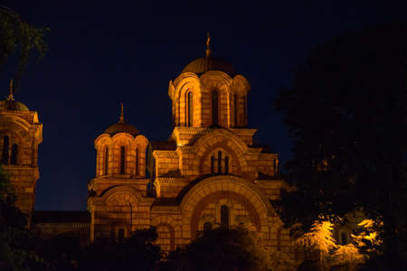 Belgrade, Serbia: Beautiful St. Mark's Church in the background, Tasmajdan Park, Belgrade Serbia. Night landscape.の写真素材