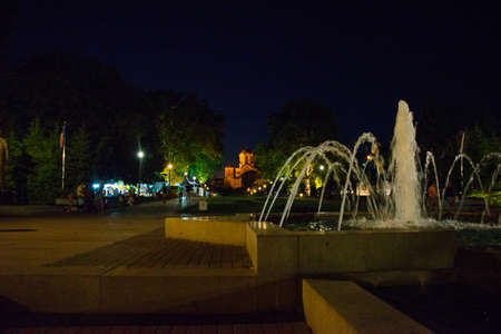Belgrade, Serbia: Beautiful St. Mark's Church in the background, Tasmajdan Park, Belgrade Serbia. Night landscape with fountain.の写真素材