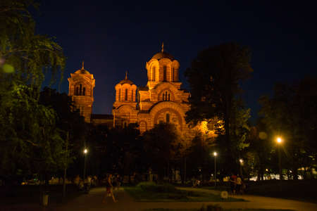 Belgrade, Serbia: Beautiful St. Mark's Church in the background, Tasmajdan Park, Belgrade Serbia. Night landscape.の写真素材