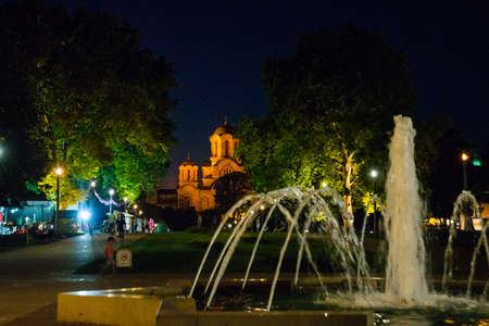 Belgrade, Serbia: Beautiful St. Mark's Church in the background, Tasmajdan Park, Belgrade Serbia. Night landscape with fountain.の写真素材