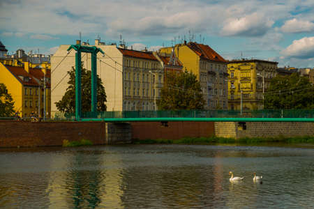 WROCLAW, POLAND: Beautiful landscape with waterfront views of the bridge and the river Odra. Old Town of Wroclaw.の写真素材