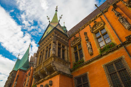 WROCLAW, POLAND: Old City Hall in with clock tower on the Market Rynek Square. Wroclaw old and a very beautuful city in Polandの写真素材