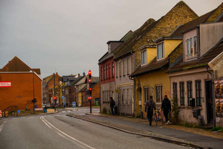 Odense, Denmark: Beautiful traditional houses on the street in Odense is the city birthplace of Hans Christian Andersen, Denmarkの写真素材