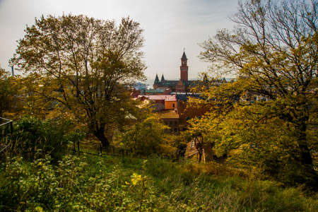 Helsinborg, Sweden: View of the city centre and the port of Helsingborg in Sweden. The ship is moored in port in Helsingborg harbour.の写真素材
