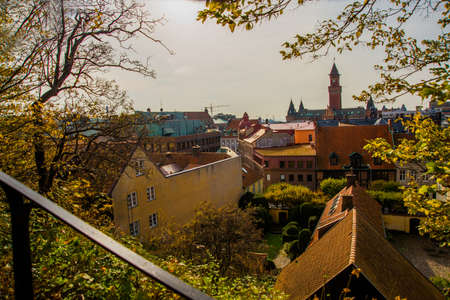 Helsinborg, Sweden: View of the city centre and the port of Helsingborg in Sweden. The ship is moored in port in Helsingborg harbour.の写真素材