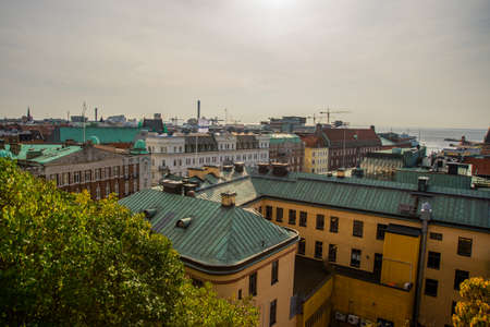 Helsinborg, Sweden: View of the city centre and the port of Helsingborg in Sweden. The ship is moored in port in Helsingborg harbour.の写真素材