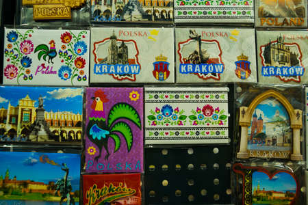 Krakow Poland: A stall selling souvenirs at the local market in Krakow old town Main Squareの写真素材