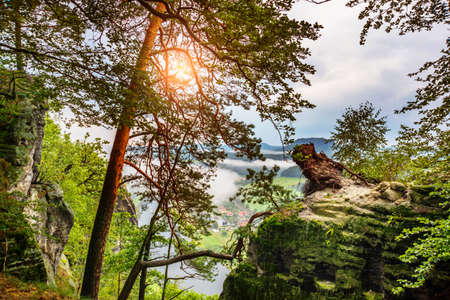 National park Saxon Switzerland, Germany: View from viewpoint of Bastei in Saxon Switzerland, National park Saxon Switzerland. Germany, Kurort Rathen near Dresdenの写真素材