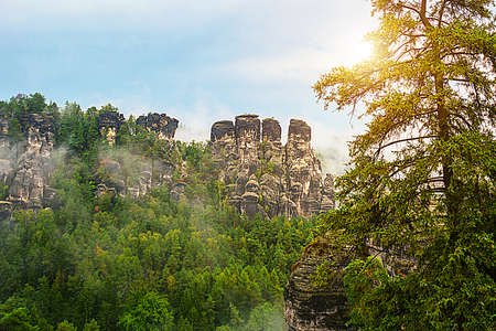 National park Saxon Switzerland, Germany: View from viewpoint of Bastei in Saxon Switzerland, National park Saxon Switzerland. Germany, Kurort Rathen near Dresdenの写真素材