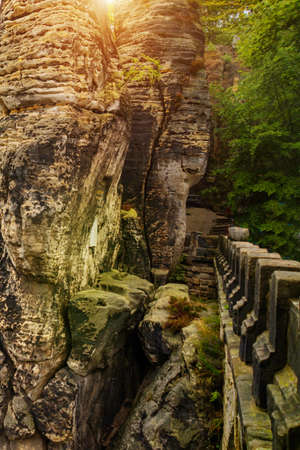 National park Saxon Switzerland, Germany: View from viewpoint of Bastei in Saxon Switzerland, National park Saxon Switzerland. Germany, Kurort Rathen near Dresdenの写真素材