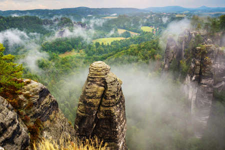 National park Saxon Switzerland, Germany: View from viewpoint of Bastei in Saxon Switzerland, National park Saxon Switzerland. Germany, Kurort Rathen near Dresdenの写真素材
