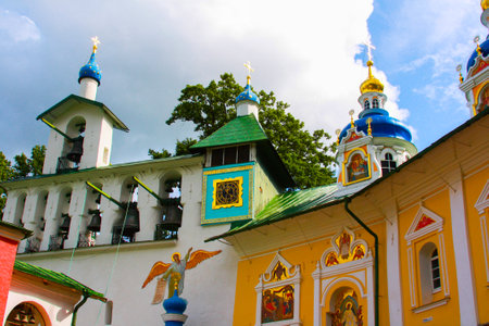 PECHORY, PSKOV OBLAST, RUSSIA - AUGUST 8, 2009: view of beautiful buildings and Orthodox churches Ancient Pskov-Pechersky monastery in Pechory, near Pskovのeditorial素材
