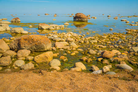 Huge beautiful stones on the beach of the Gulf of Finland. Saint Petersburg, Russia.