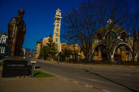SKOPJE, NORTH MACEDONIA: Beautiful Orthodox Saint Clement of Ohrid Church against the blue sky in the center of the capital of Northern Macedonia.の写真素材