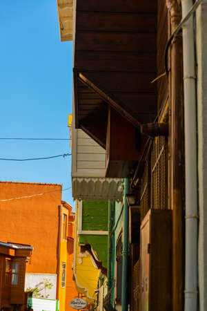 ISTANBUL, TURKEY: Colorful old buildings on a street in the Fatih district of Istanbul's old city, Turkey.の写真素材