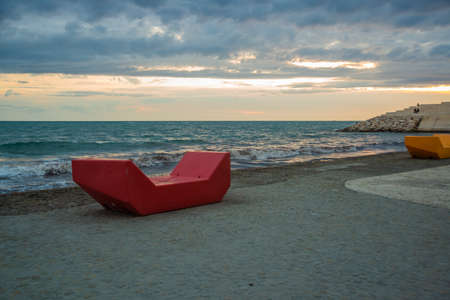 DURRES, ALBANIA: Beautiful sunset view of Durres embankment, Albania, Adriatic seaの写真素材