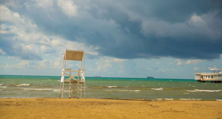 DURRES, ALBANIA: Panorama View to the Blue Water Sea Side of Albanian Beaches in Durres, Albania.の写真素材