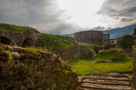 GJIROKASTRA, ALBANIA: View of the old fortress and walls in Gjirokastra.の写真素材