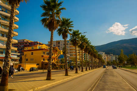 VLORA / VLORE, ALBANIA: The main road and palms. New promenade in the city center.の写真素材