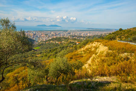 VLORA, ALBANIA: Beautiful top view of the city of Vlora and Sazani Island on a sunny day.の写真素材