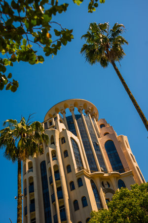 BATUMI, GEORGIA: Beautiful and unusual buildings on the street in the center of the city of Batumi,...