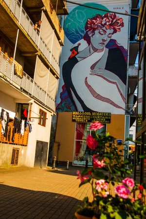 BATUMI, GEORGIA: Beautiful Drawing on the wall of a building in the city of Batumi, Adjara region of Georgia.のeditorial素材