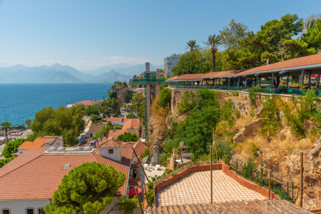ANTALYA, TURKEY: Beautiful top view of the cafe, the Mediterranean Sea and the mountains in Antalya, Turkey.のeditorial素材