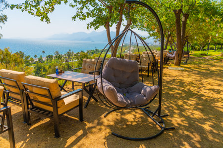 ANTALYA, TURKEY: Beautiful top view of the cafe, the Mediterranean Sea and the mountains in Antalya, Turkey.のeditorial素材