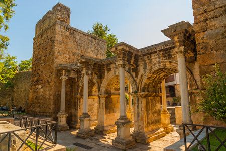ANTALYA, TURKEY: Adrian Gate. Antique ancient construction of marble and limestone, Antalya, Turkey.のeditorial素材