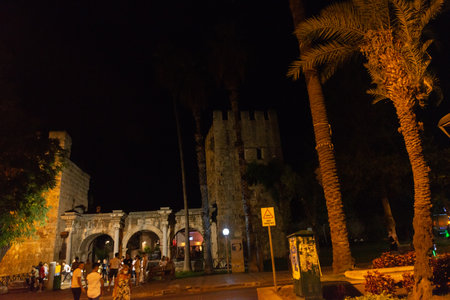 ANTALYA, TURKEY: Adrian Gate in the evening. Antique ancient construction of marble and limestone, Antalya, Turkey.のeditorial素材