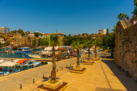 ANTALYA, TURKEY: The old harbor in Antalya and the port with ships and boats on a sunny summer day, Turkey.のeditorial素材