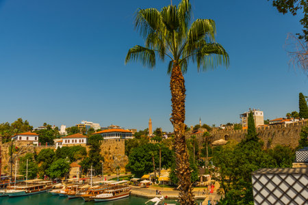 ANTALYA, TURKEY: The old harbor in Antalya and the port with ships and boats on a sunny summer day, Turkey.のeditorial素材